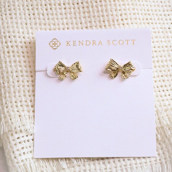 Kendra Scott - x LoveShackFancy Bow Gold White Crystal Stud Earrings - Picture 1 of 2
